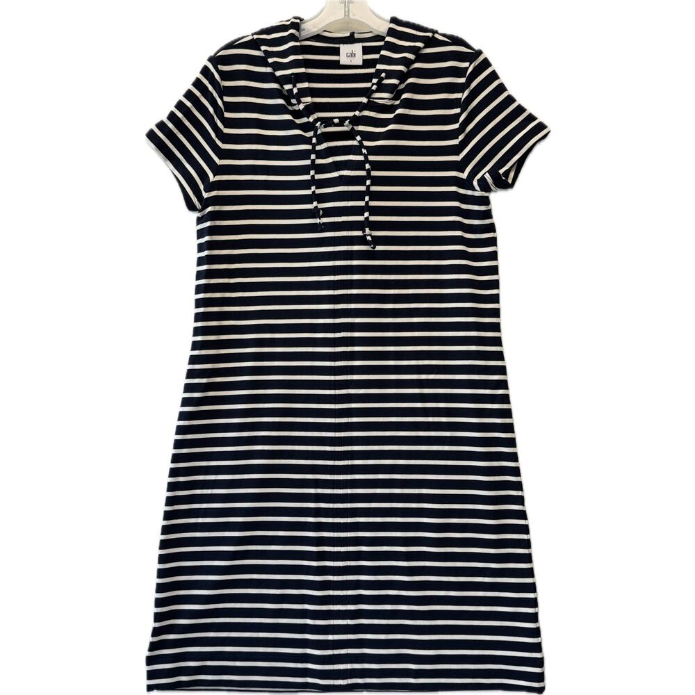 CABI Hooded Knee Length Dress Women's Size S Navy White Striped Coastal Beachy